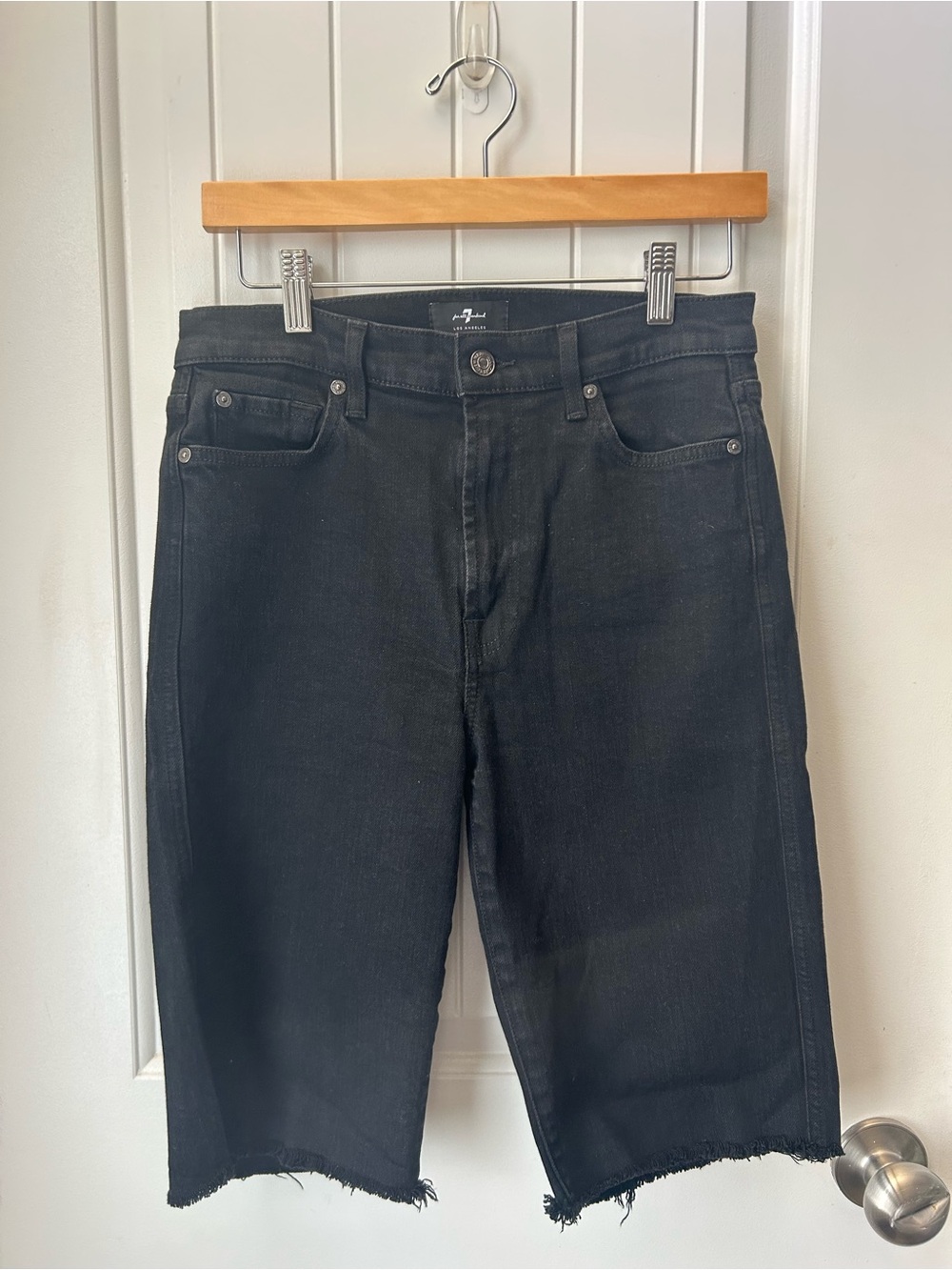 7 For All Mankind Black Denim Frayed Shorts